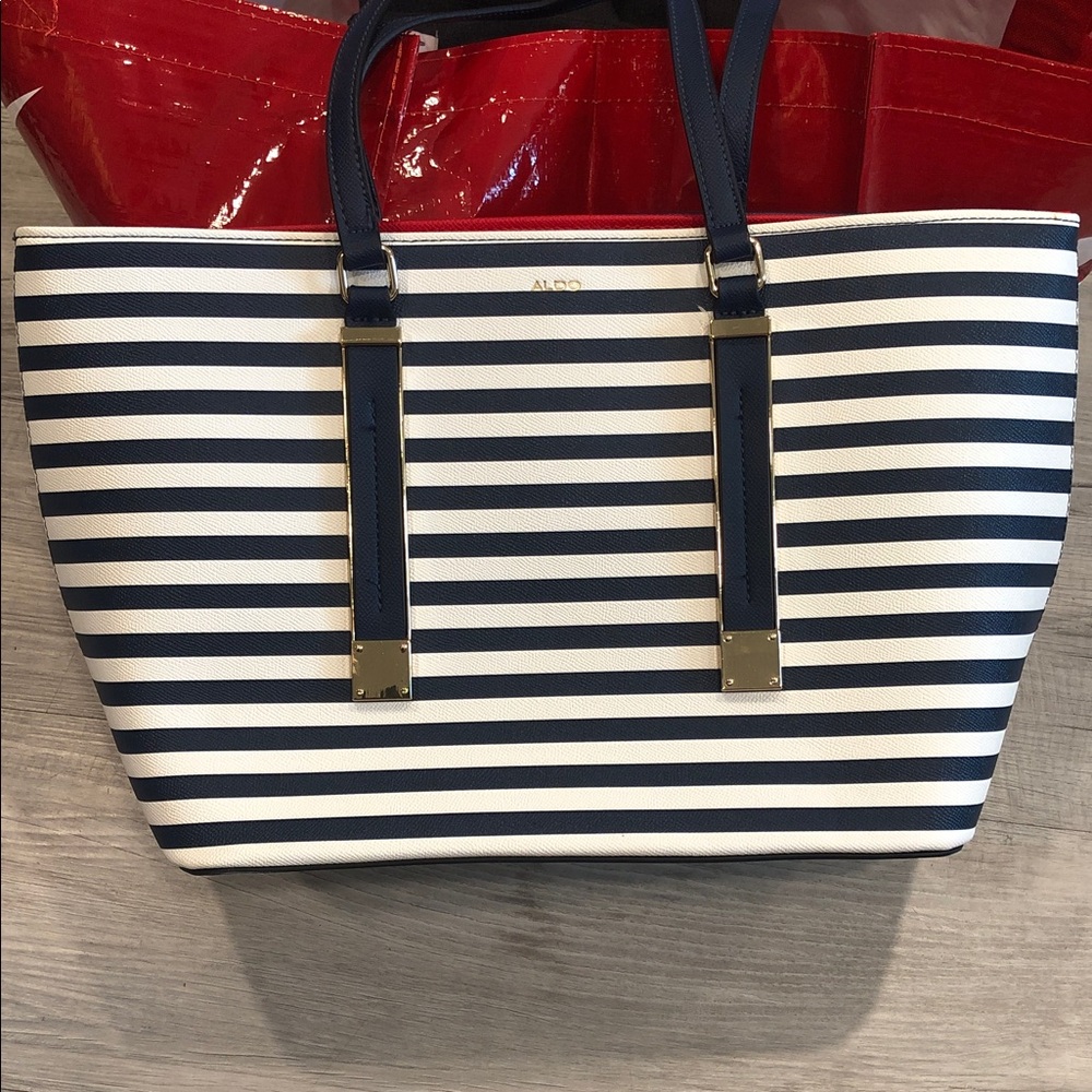 ALDO Navy and White Striped Tote with Gold Accents